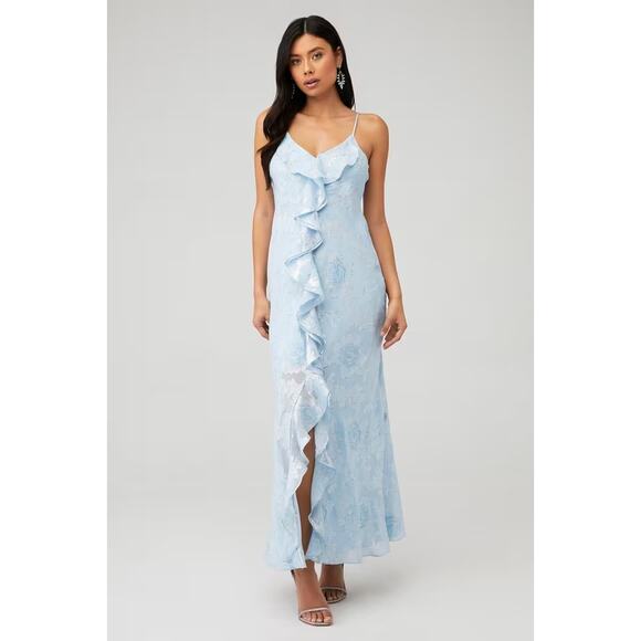 LoveShackFancy NWT Silk Blue June Metallic Floral Ruffle Maxi Dress Size 10 - Picture 1 of 13